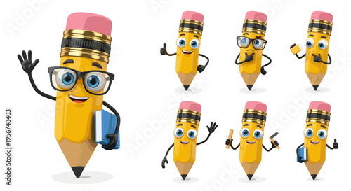 Professional collection of 3D yellow pencil characters with various poses and school supplies isolated on white background for children education concepts.