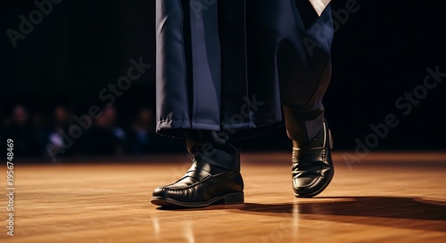 Close-up of a person in black loafers and dark trousers walking on a polished wooden floor