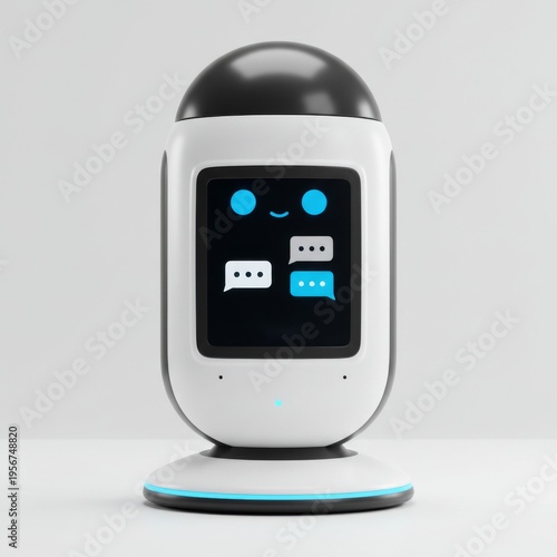 Friendly White Robot with Smiling Face and Chat Bubbles on a Minimal Background