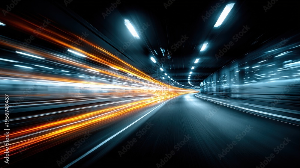 Fototapeta premium Dynamic Light Streaks in Urban Tunnel: Abstract Speed and Futuristic Transportation Concept