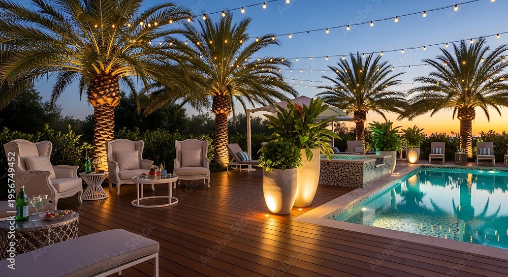 Obraz premium A serene poolside setting at dusk with lounge chairs and palm trees illuminated by string lights