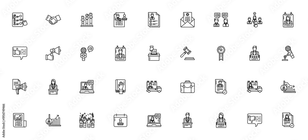 Obraz premium Politic icon set. Vector illustration pack featuring vote, handshake, law, justice, politician, speech, document, and more. Editable stroke.