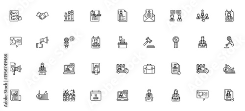 Politic icon set. Vector illustration pack featuring vote, handshake, law, justice, politician, speech, document, and more. Editable stroke.