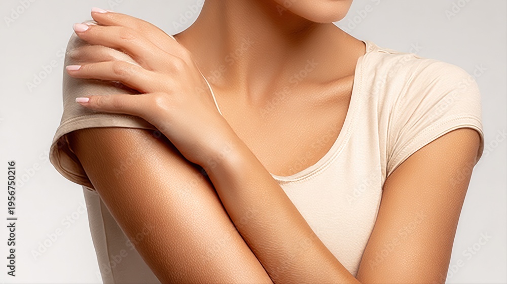 Fototapeta premium Close-up of a woman's arms and shoulder with smooth skin, beauty concept, skincare, self-care
