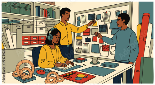 Diverse creative professionals collaborate in a modern design studio, brainstorming ideas and developing projects. Team working together on a mood board and digital tablet.