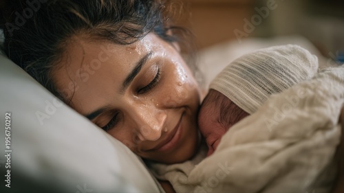 Wallpaper Mural New Mother Bonding with Newborn Baby Postpartum, Skin to Skin Contact in Hospital Bed After Delivery Torontodigital.ca