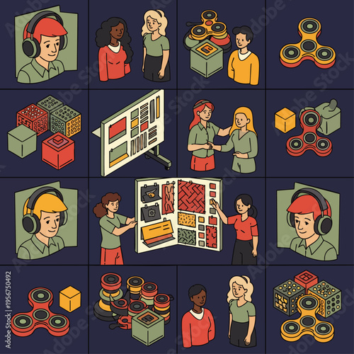 Modern isometric illustration grid featuring diverse people, technology, design elements, and lifestyle objects, representing contemporary trends and collaboration.