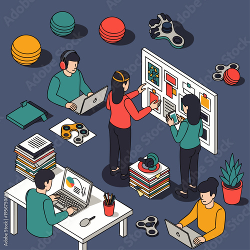 Diverse team collaborating on a digital project with laptops, tablets, and fidget spinners, isometric illustration