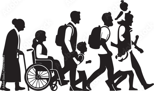 A black silhouette of a diverse multi-generational family group walking together, including an elderly woman, a person in a wheelchair, adults, a child, and a baby.