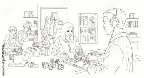 Diverse creative team working together in a contemporary office space, line drawing. Professionals collaborating on design projects, fostering innovation and teamwork.