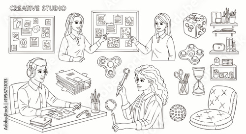 Creative studio line art collection. Outline illustrations of people working, office supplies, and workspace elements. Ideal for coloring books, graphic design, and education.