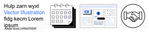 Business planning, teamwork, analytics, collaboration, scheduling, digital management. Three visuals a calendar, a data dashboard and a handshake icon. Business planning and teamwork concept
