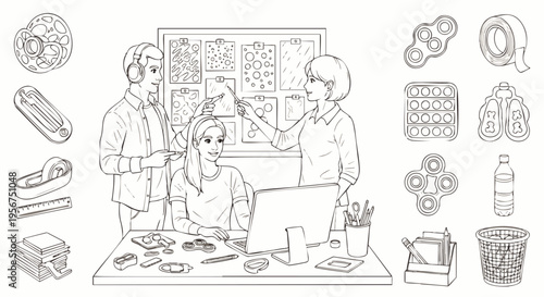 Line art illustration of a creative team collaborating in a modern office, surrounded by various office supplies and gadgets, ideal for coloring books or design projects.