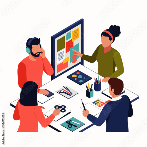 Diverse creative team in isometric illustration collaborating on a design project, brainstorming ideas, and developing strategies at a table. Modern business teamwork and innovative solutions.
