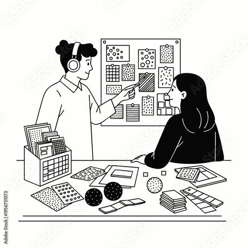 Two designers collaborating on a mood board with fabric swatches and design samples, discussing creative ideas for a project.