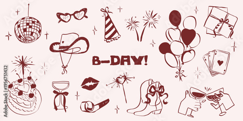 Birthday celebration doodle set with party hats, gifts and champagne. Hand sketched festive icons perfect for greeting cards, vintage invitations and fun event designs. Outline whimsical symbols
