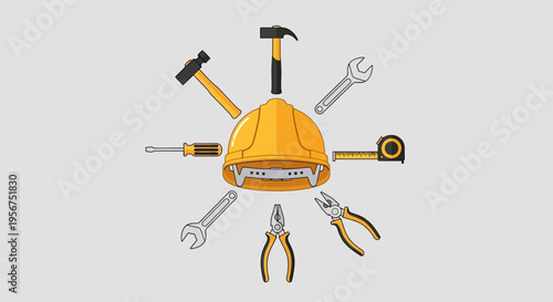 Yellow Hard Hat with Various Tools.
