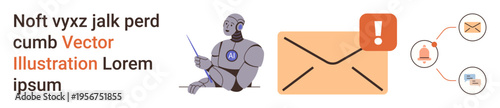 Automation, digital communication, notifications, email services, artificial intelligence, and technology concepts. Robot with tools near envelope and alert icons. Automation and digital