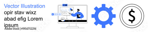 Data analysis, business strategy, financial insights, tech solutions, workflow efficiency, online tools. A person analyzing data on a computer, gear and dollar symbol displayed. Data analysis