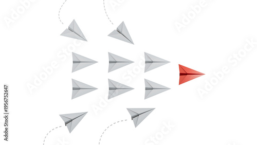 red paper plane leads white paper planes with new ones joining the team. Join us, job vacancy or community memberplane announcement concept.Supports PNG files with transparent backgrounds.