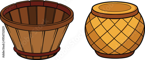 Wooden bushel basket and barrel isolated on white background