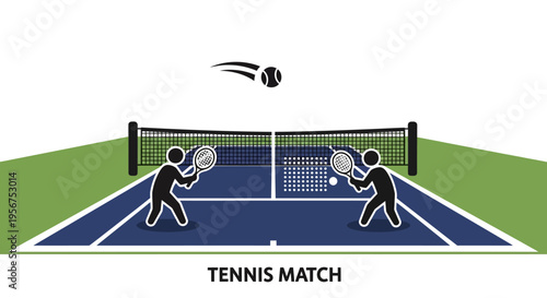 Two People Playing Tennis on Court with Net and Racquets Swinging for Ball during Sports Activity Competition