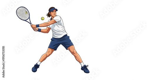 Athlete swinging a racquet to hit a spherical object during a competition played on a court with a white background