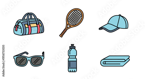 Collection of Sports Equipment and Accessories for Recreation and Fitness Essentials Including Duffel Bag Racket Cap Sunglasses Water Bottle and