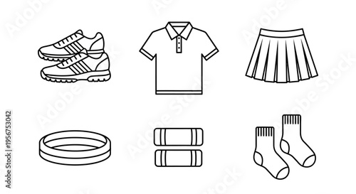 Collection Of Athletic Apparel And Footwear For Sports And Fitness Activities Featuring Shoes Polo Shirt Skirt Headband Wristbands And Socks