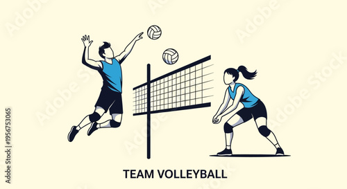 Athletic man and woman playing a competitive team sport with a net and ball representing outdoor recreational activity and athletic training