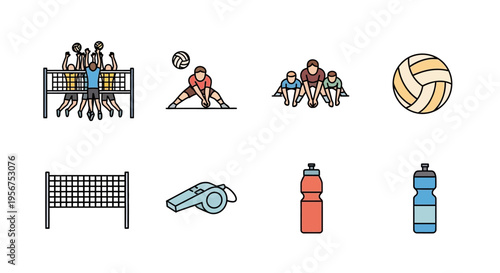 Volleyball Sports Icons Collection Showing Players Teams Net Ball Whistle Water Bottles For Athletic Activity Design Elements