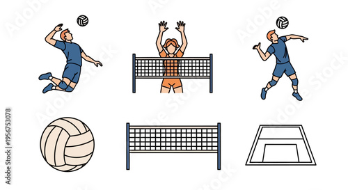 Collection of beach volleyball elements including players in action a ball net and court highlighting active lifestyle and competitive sport for