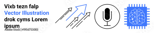 Artificial intelligence, technology growth, data processing, voice recognition, innovation, machine learning. Diagram shows arrows, microphone brain chip AI progress. AI and technology growth