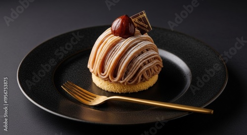 Luxurious Mont Blanc Chestnut Cake with Rich Texture, High-End Dessert Studio Shot with Copy Space
