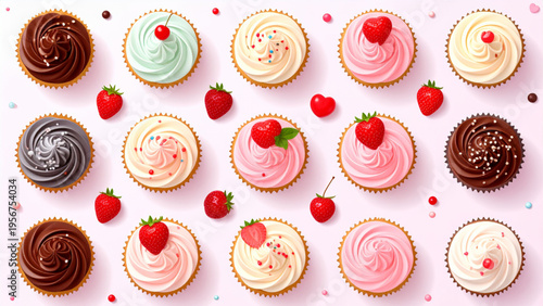 Cute pastel cupcake set flat vector illustration, sweet bakery dessert collection isolated on white background