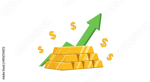 Gold Bars Bullion Stack with Green Upward Arrow and Dollar Signs Illustrating Financial Growth, Investment Wealth, and Rising Market Value on White Background