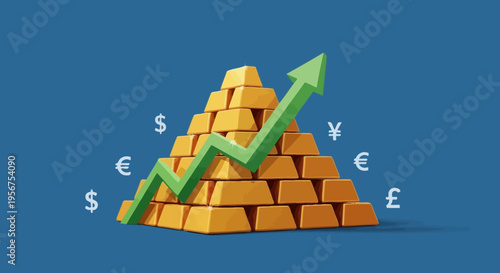 Gold Bars Stack with Upward Trending Arrow and Currency Symbols - Concept of Financial Growth, Profit, and Wealth Investment on Blue Background