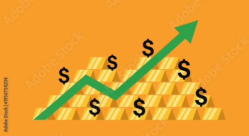Gold Bars with Rising Green Arrow and Dollar Signs Illustrating Financial Growth and Wealth Accumulation