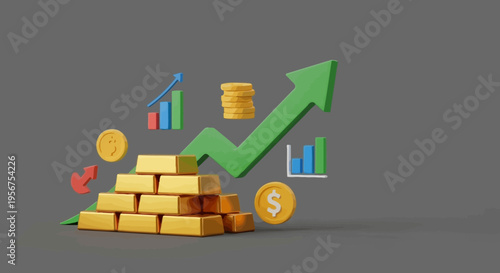 3D Financial Growth Concept with Gold Bars, Upward Green Arrow, and Dollar Coins for Investment and Wealth