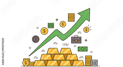 Financial Growth Concept with Rising Green Arrow, Gold Bars, and Business Icons for Investment and Wealth Success