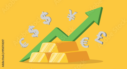 Gold Bullion Investment and Financial Growth Concept with Rising Green Arrow and Global Currency Symbols on Yellow Background