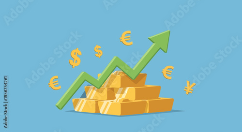 Gold Investment and Financial Market Growth Concept: Green Rising Arrow over Stack of Gold Bullion with Dollar, Euro, and Yen Symbols on Blue Background