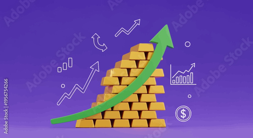 Financial Growth and Investment Success Concept with Stacked Gold Bars and Upward Rising Green Arrow on Purple Background