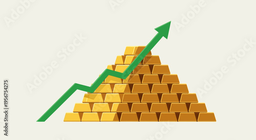 Rising Gold Market Concept with Stack of Gold Bullion and Green Upward Arrow Representing Financial Growth and Wealth