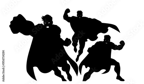 Comic superhero trio with red capes and emblems in dynamic action poses for power and strength design