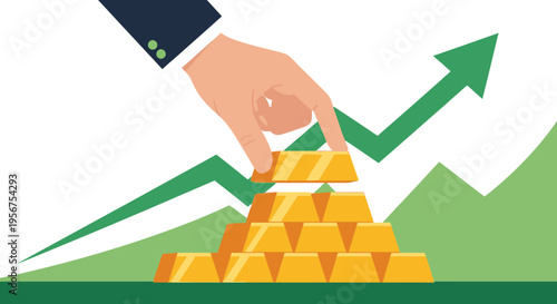 Businessman Hand Stacking Gold Bars on Growth Arrow Background - Financial Investment and Wealth Building Concept