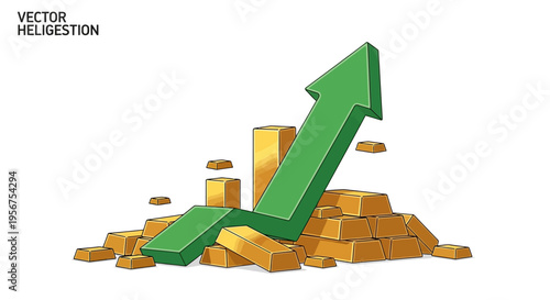 Wealth Growth Concept: Green Upward Arrow Rising from a Pile of Gold Bars Vector Illustration