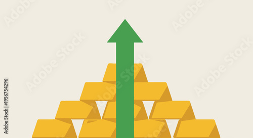 Financial Growth Concept with Gold Bars Pyramid and Green Upward Arrow Representing Rising Market Value and Investment Prosperity