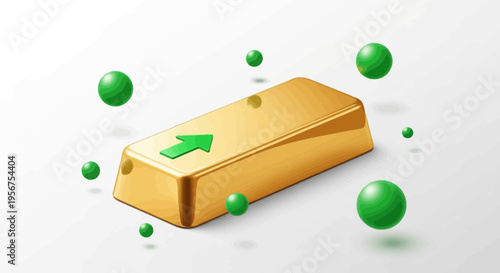 3D Illustration of a Gold Bar with a Green Upward Arrow and Floating Spheres Representing Financial Growth, Bullish Market Trends, and Wealth Success