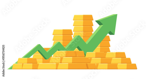 Financial Growth Concept with Rising Green Arrow and Stacks of Gold Bars Bullion Isolated on White Background